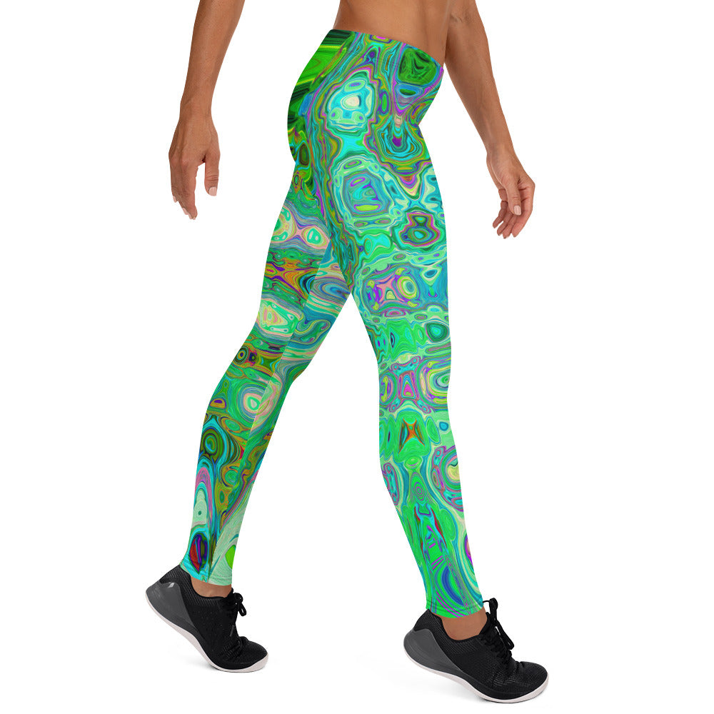 Leggings for Women | Abstract Colorful Green Wavy Mosaic Retro