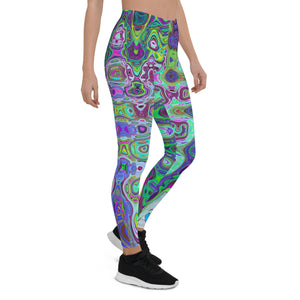 Leggings for Women | Abstract Green and Purple Wavy Mosaic Retro