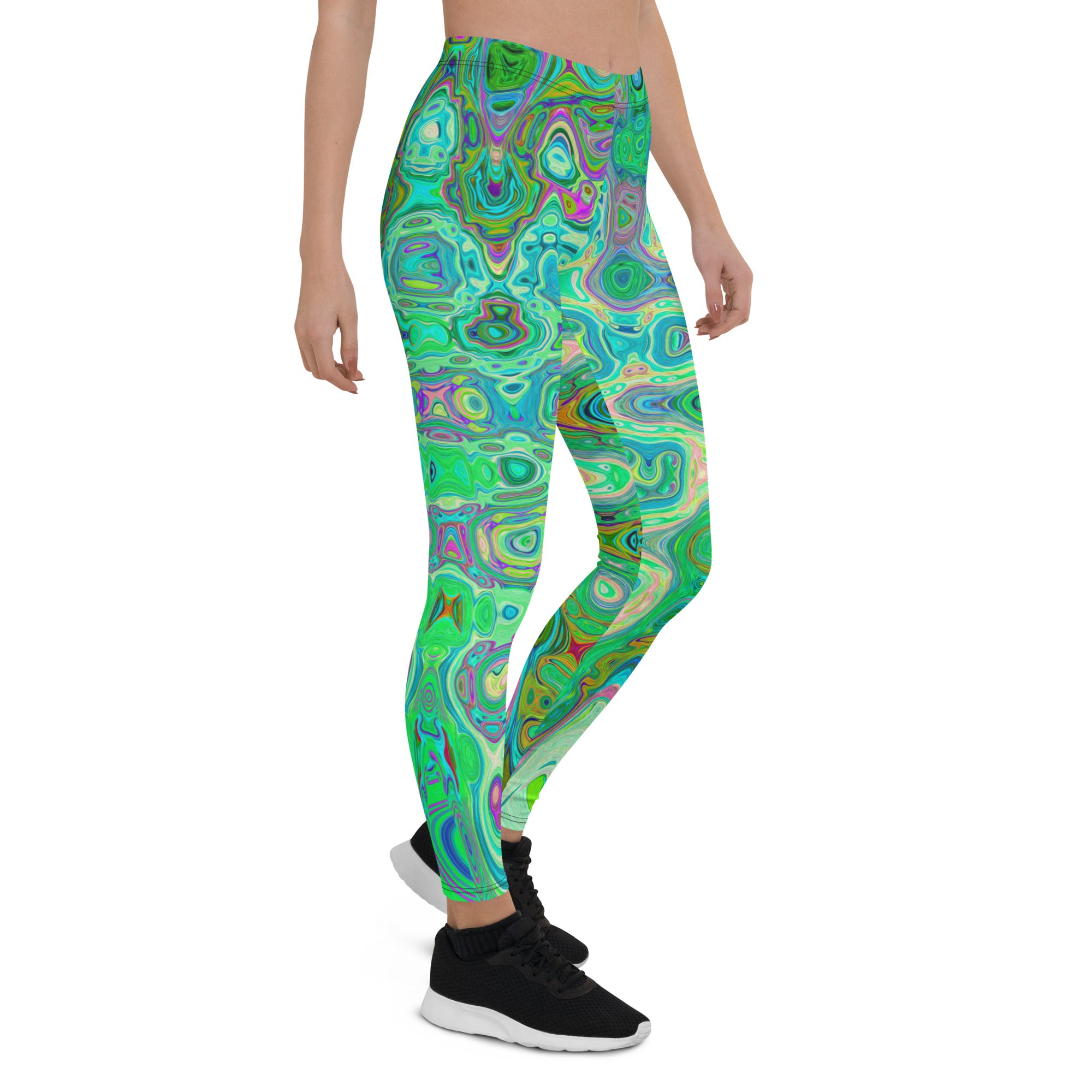 Leggings for Women | Abstract Colorful Green Wavy Mosaic Retro