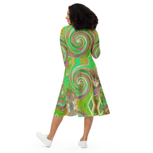 Midi Dress - Groovy Abstract Retro Green and Hot Pink Swirl
