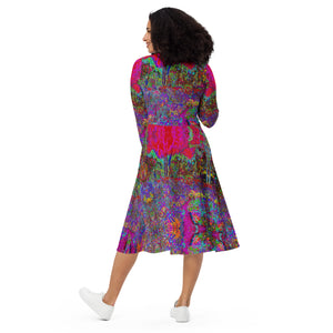 Long Sleeve Midi Dress - Psychedelic Impressionistic Garden Landscape