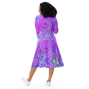 Midi Dress - Colorful Hot Pink and Purple Boho Hippie Swirl