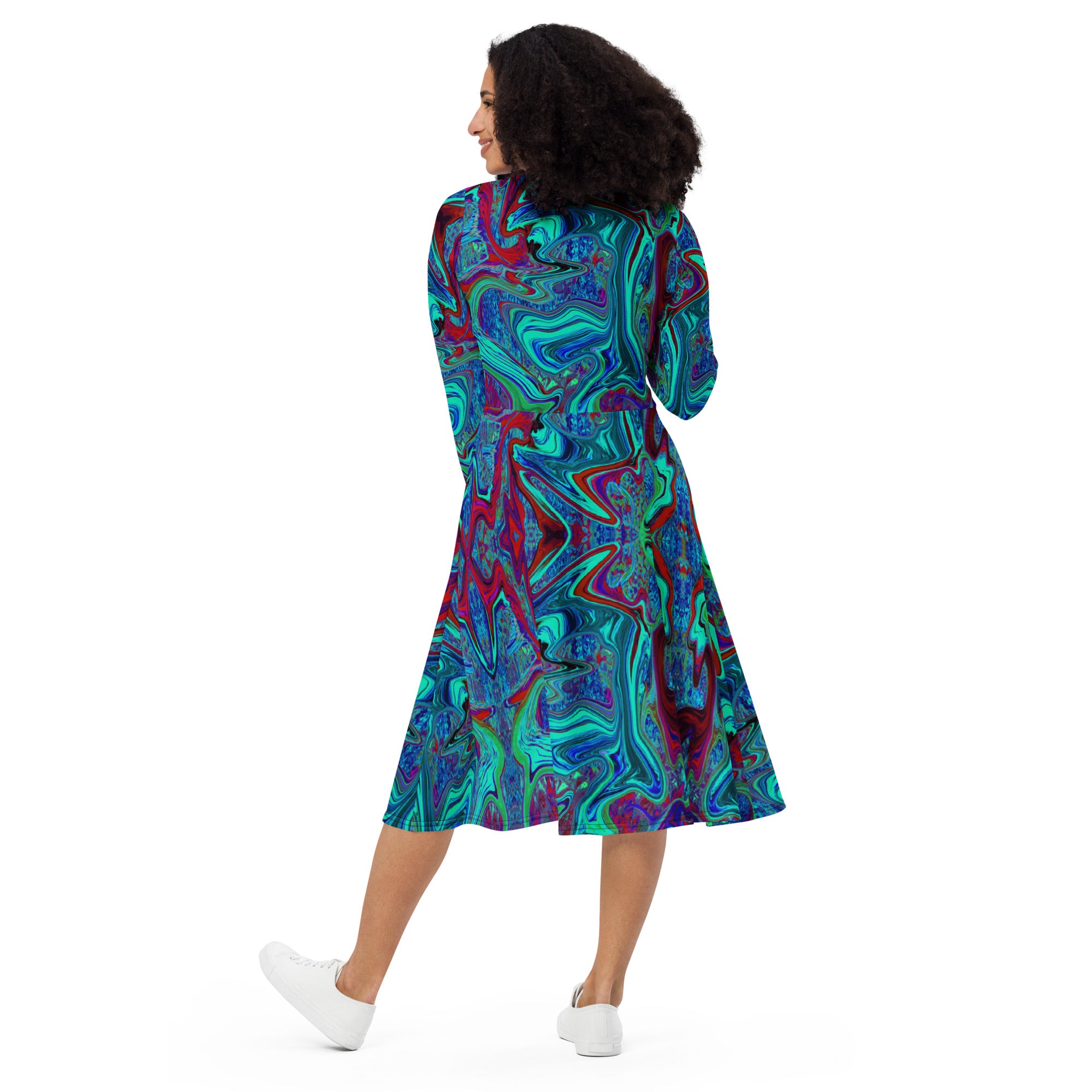 Midi Dress - Groovy Abstract Retro Art in Blue and Red