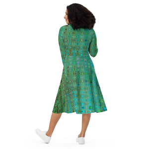 Midi Dress | Abstract Green and Blue Retro Boomerang Waves