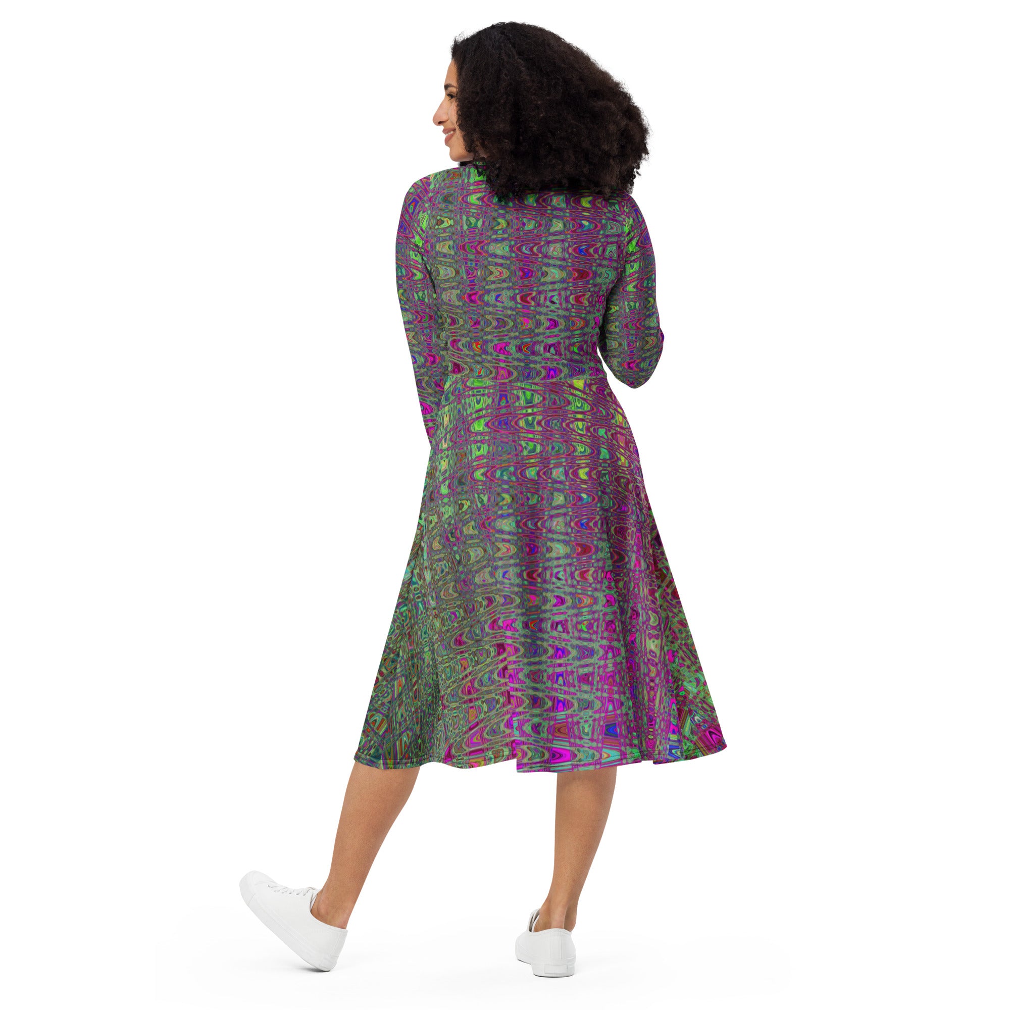 Midi Dress | Abstract Purple and Green Retro Boomerang Waves
