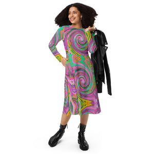 Midi Dress - Groovy Abstract Retro Pink and Mint Green Swirl