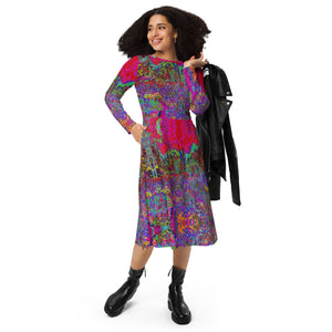 Long Sleeve Midi Dress - Psychedelic Impressionistic Garden Landscape