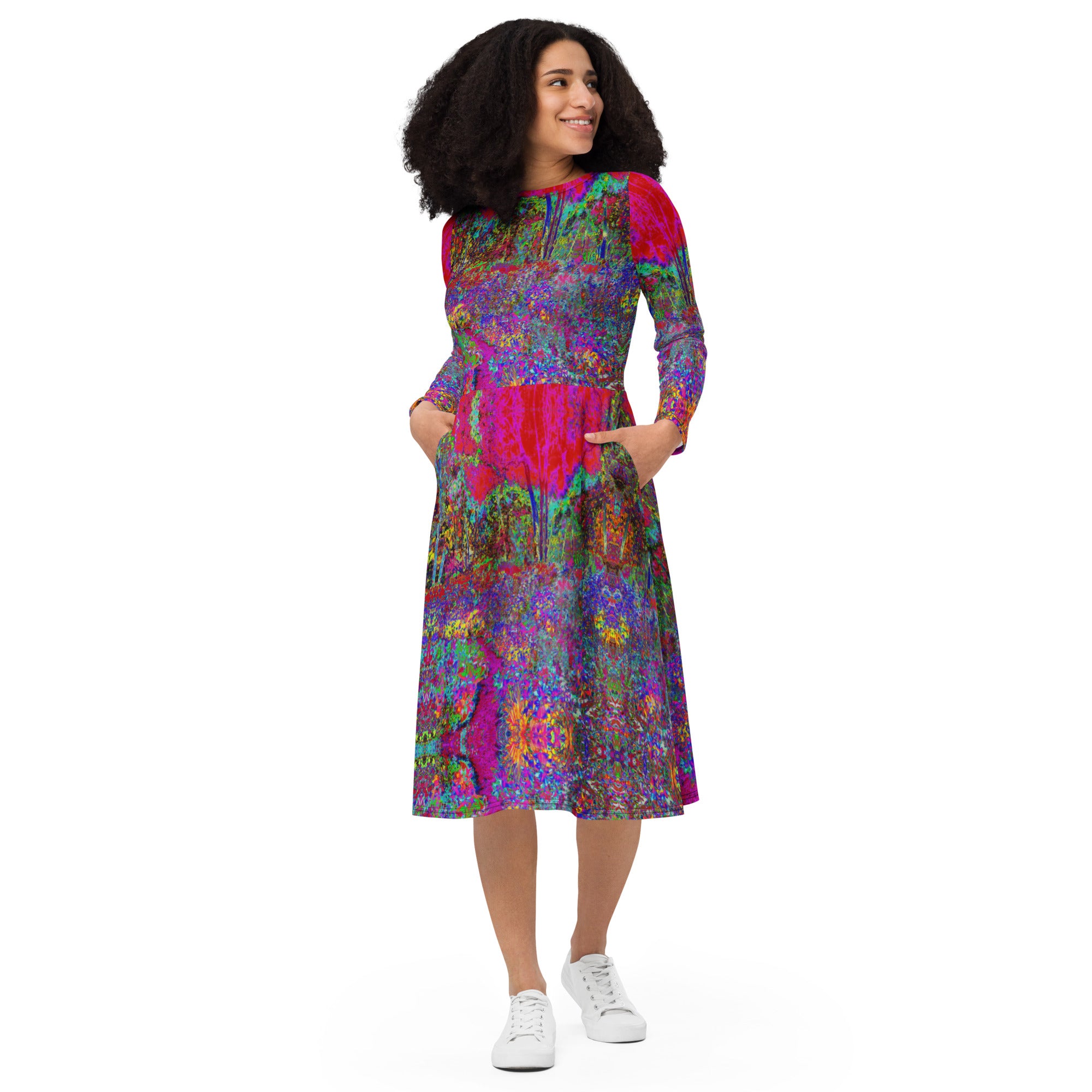 Long Sleeve Midi Dress - Psychedelic Impressionistic Garden Landscape