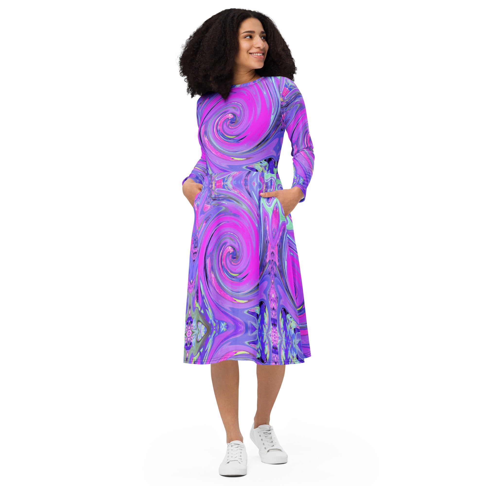 Midi Dress - Colorful Hot Pink and Purple Boho Hippie Swirl