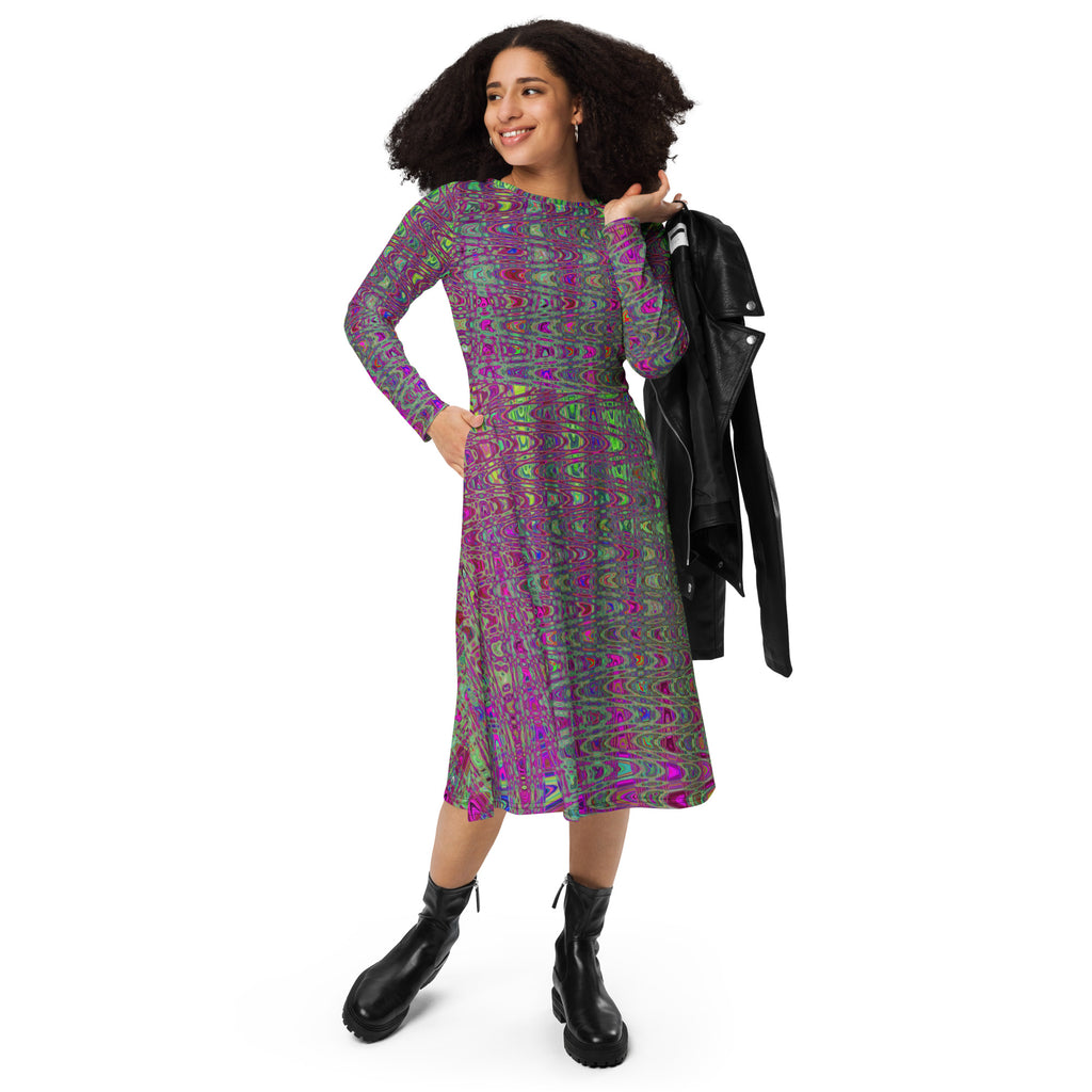 Midi Dress | Abstract Purple and Green Retro Boomerang Waves