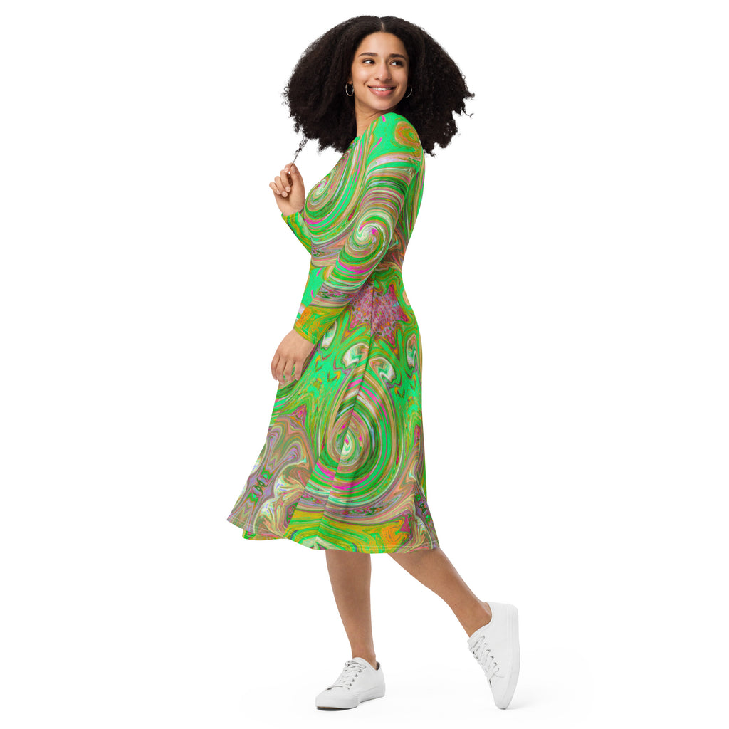 Midi Dress - Groovy Abstract Retro Green and Hot Pink Swirl