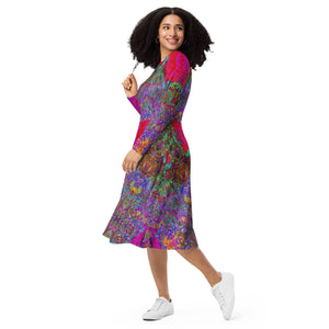 Long Sleeve Midi Dress - Psychedelic Impressionistic Garden Landscape