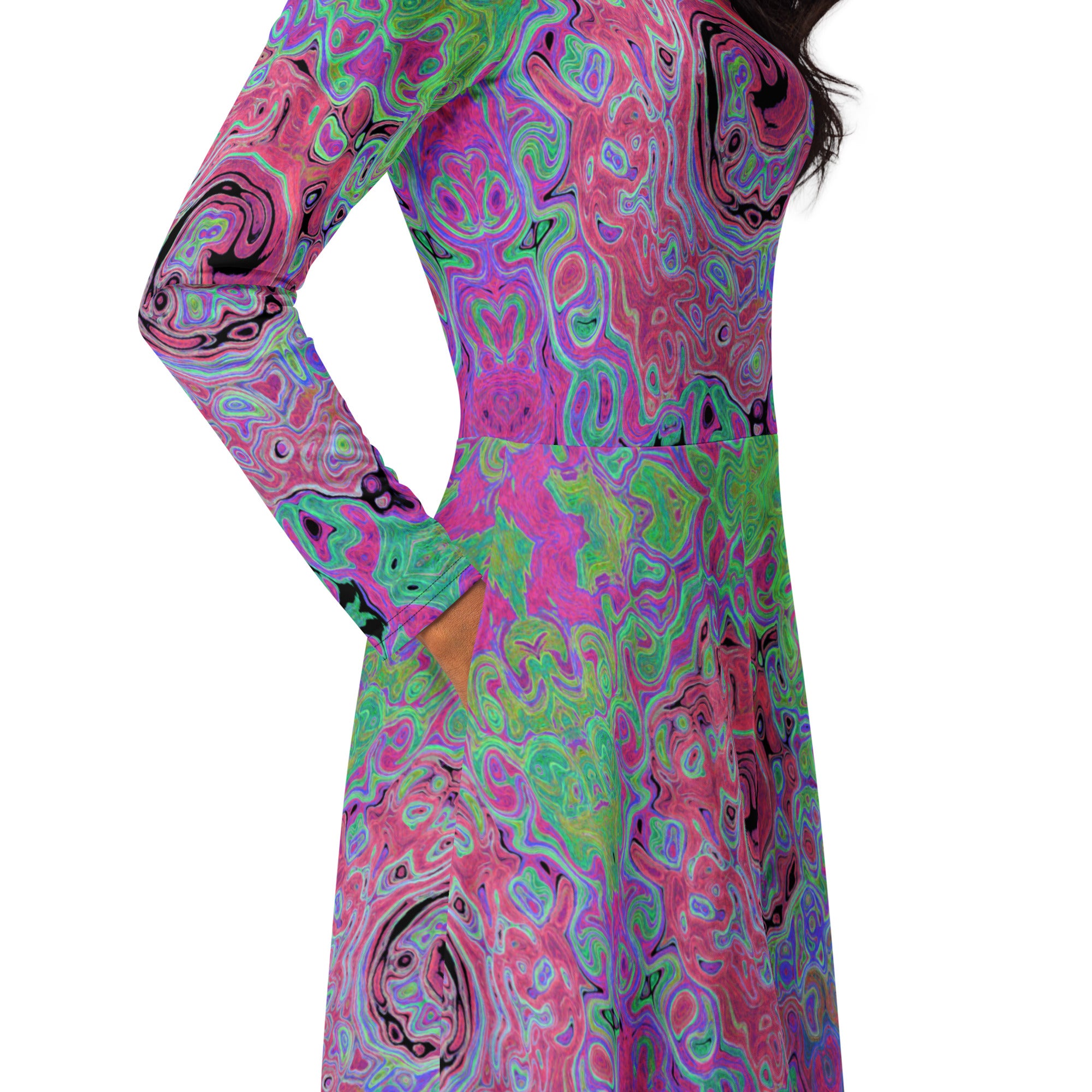 Midi Dress - Pink and Lime Green Groovy Abstract Retro Swirl