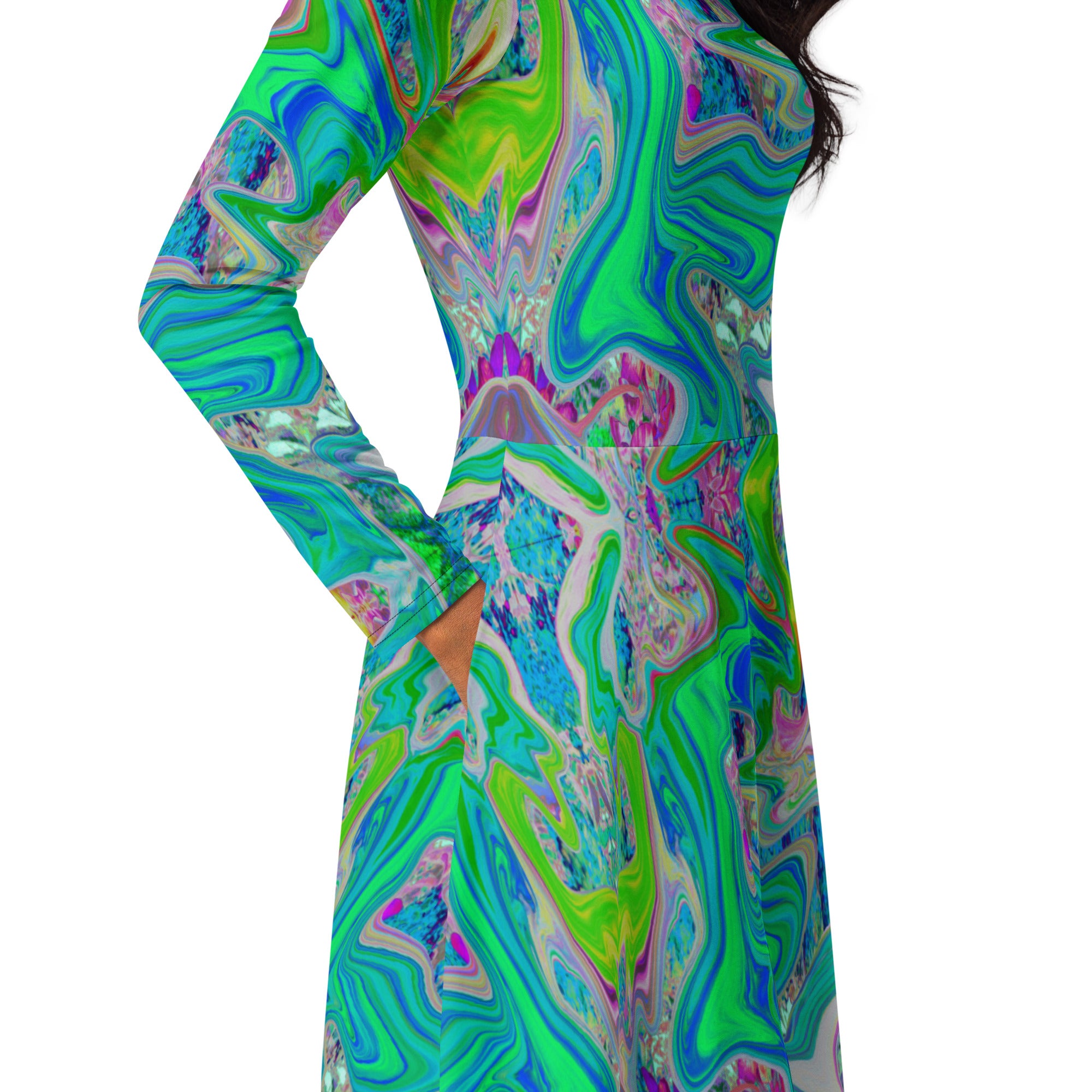Midi Dress - Colorful Marbled Lime Green Abstract Retro Liquid Art