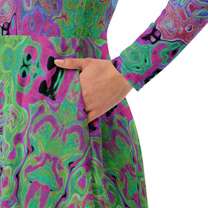 Midi Dress - Pink and Lime Green Groovy Abstract Retro Swirl