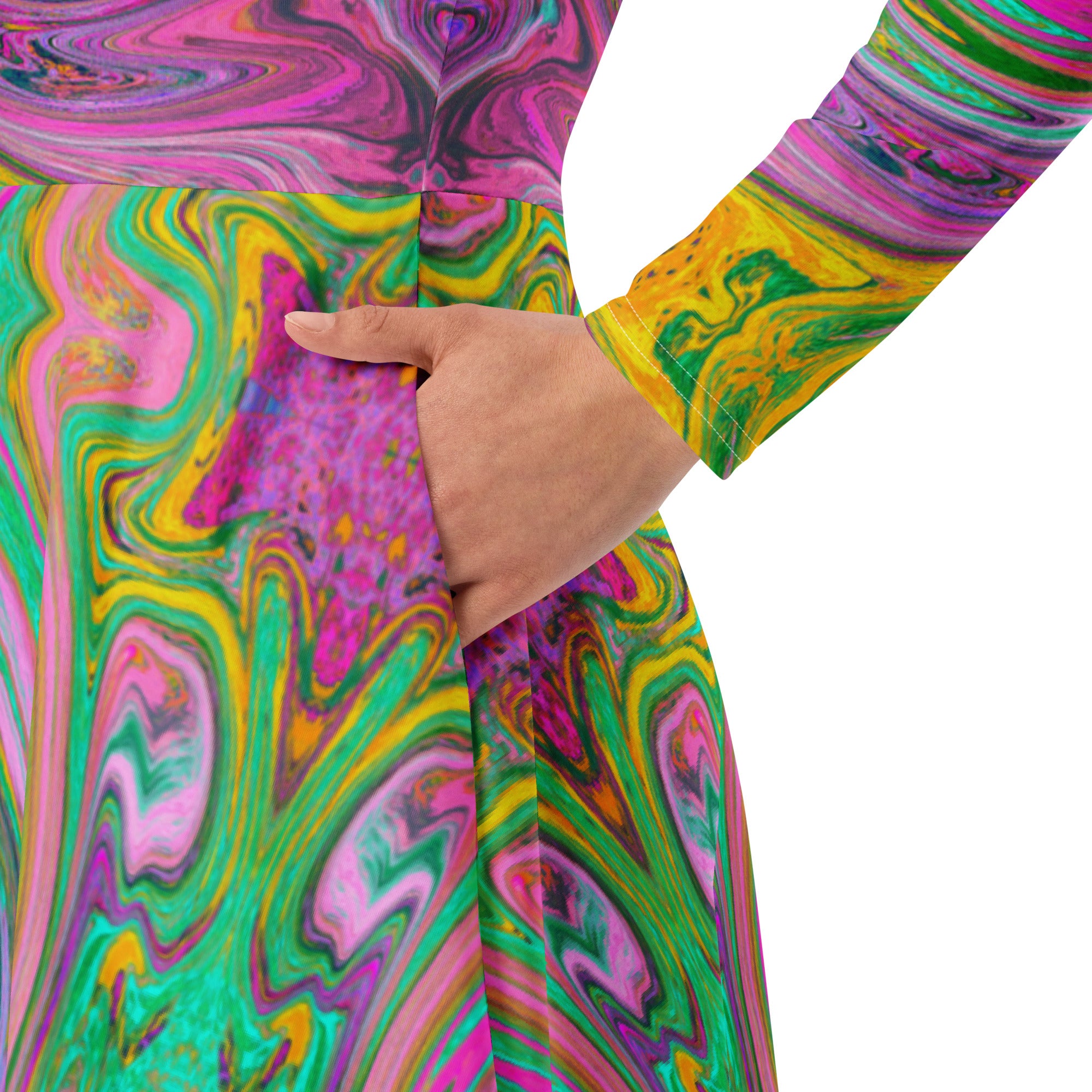 Midi Dress - Groovy Abstract Retro Pink and Mint Green Swirl