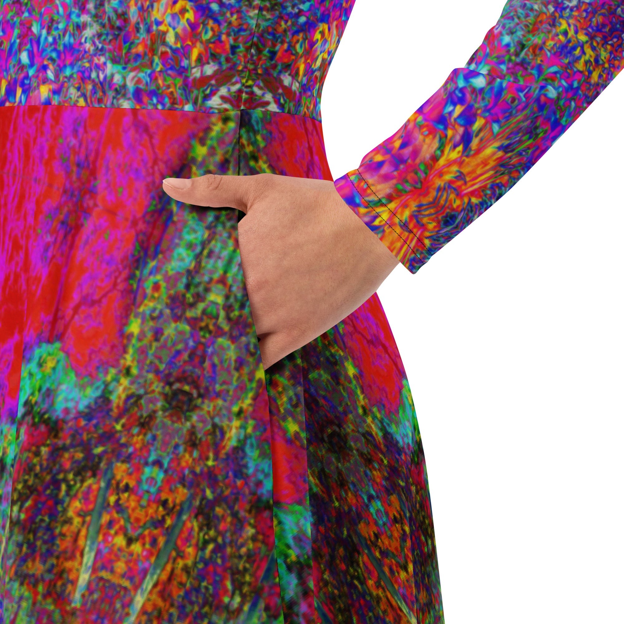 Long Sleeve Midi Dress - Psychedelic Impressionistic Garden Landscape