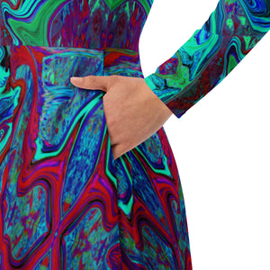 Midi Dress - Groovy Abstract Retro Art in Blue and Red