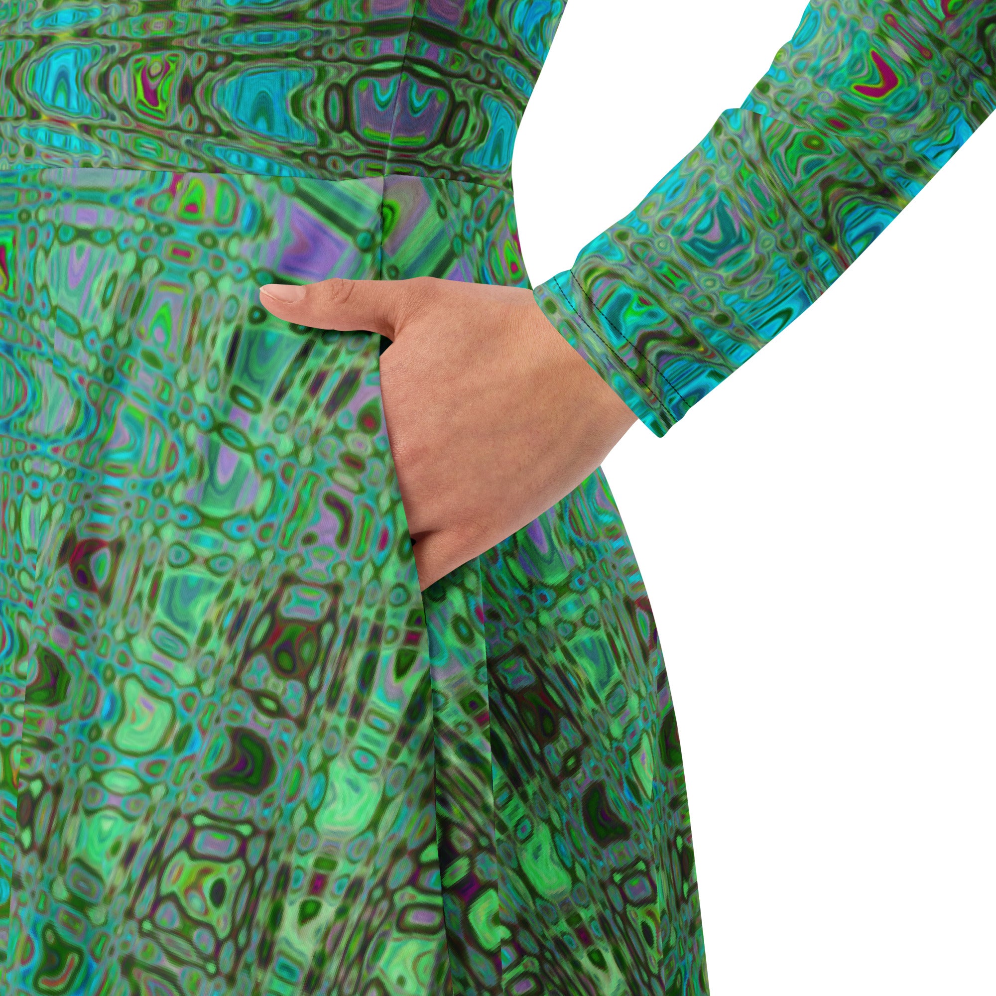 Midi Dress | Abstract Green and Blue Retro Boomerang Waves