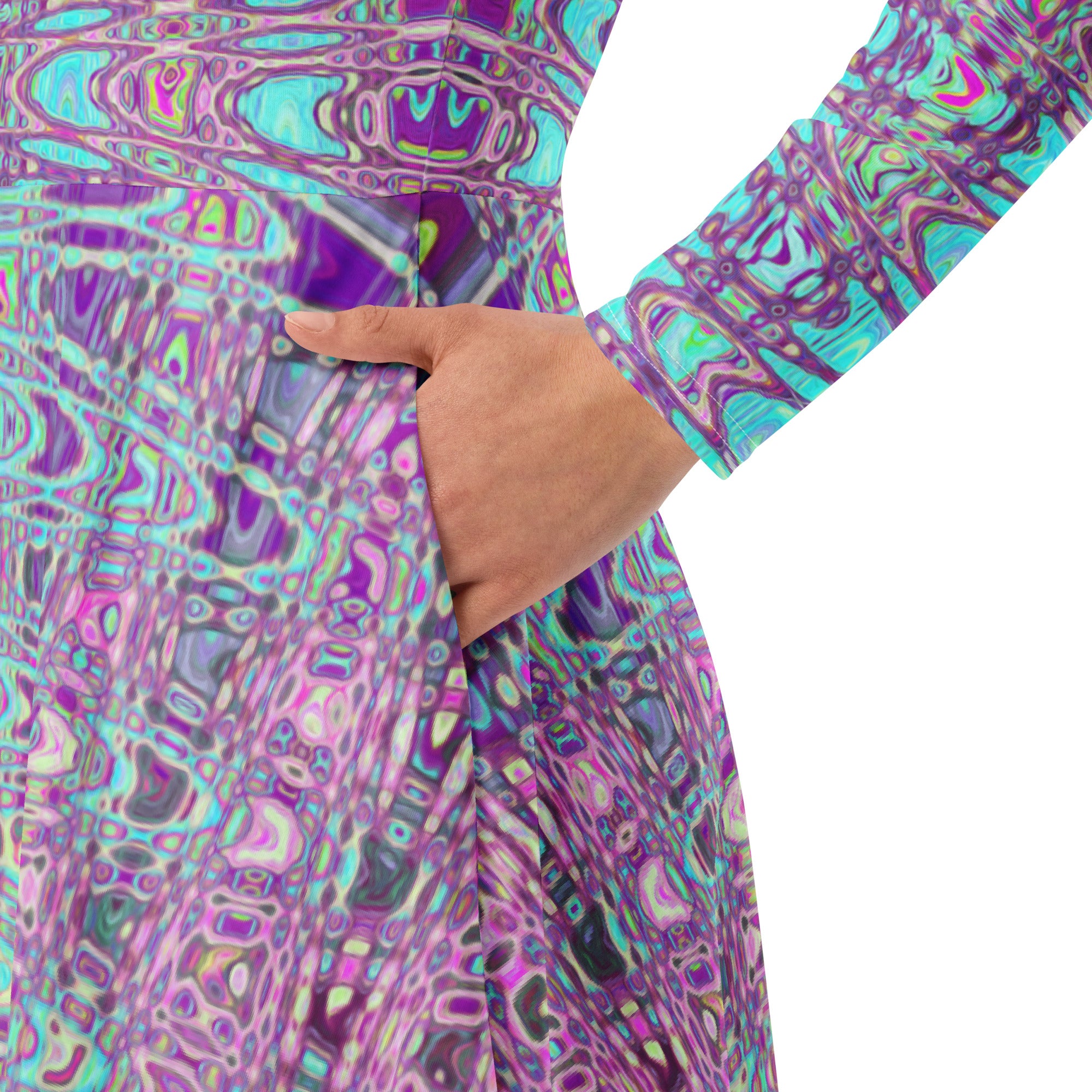 Midi Dress | Abstract Aqua and Purple Retro Boomerang Waves