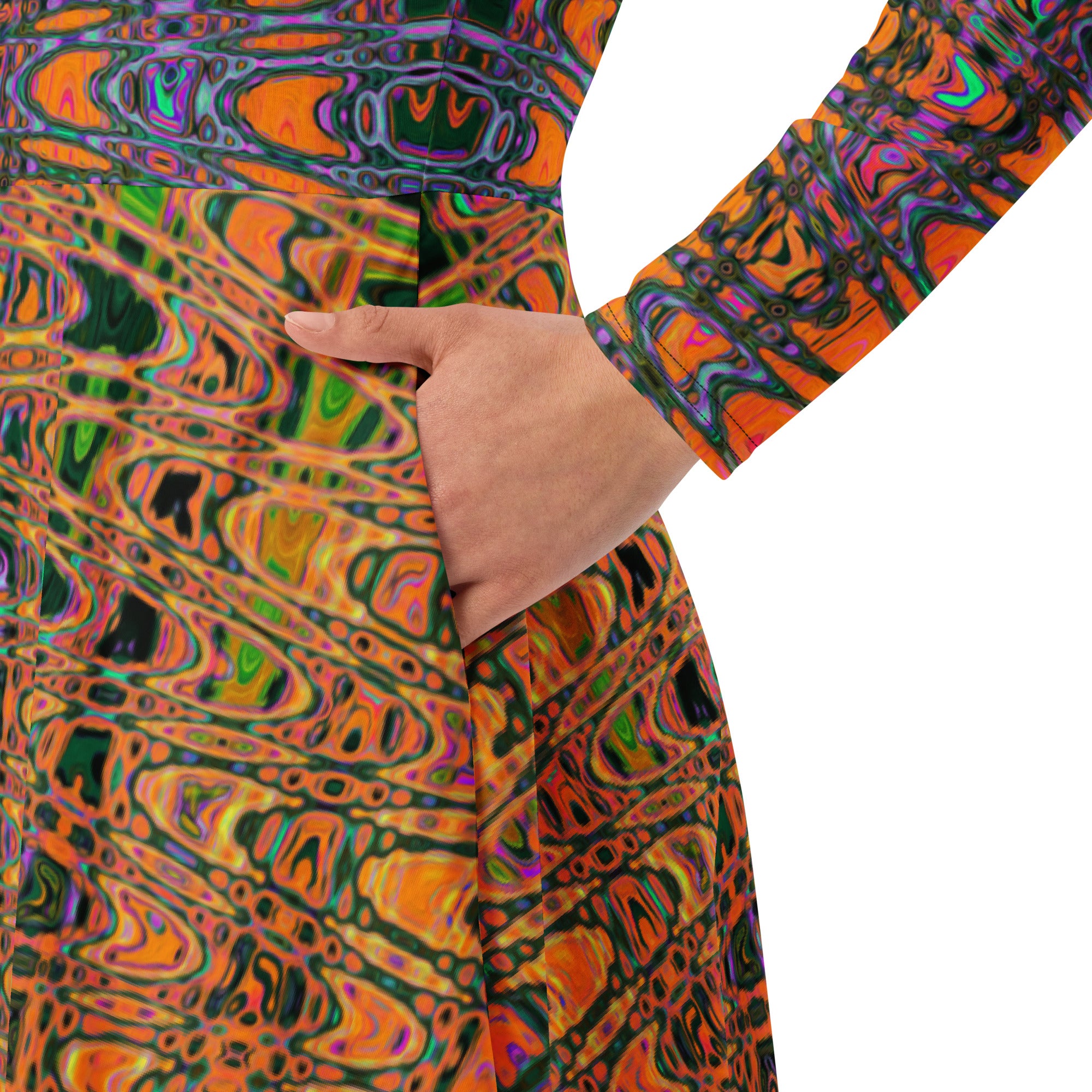 Midi Dress | Abstract Orange and Aqua Retro Boomerang Waves