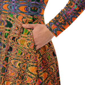 Midi Dress | Abstract Orange and Aqua Retro Boomerang Waves