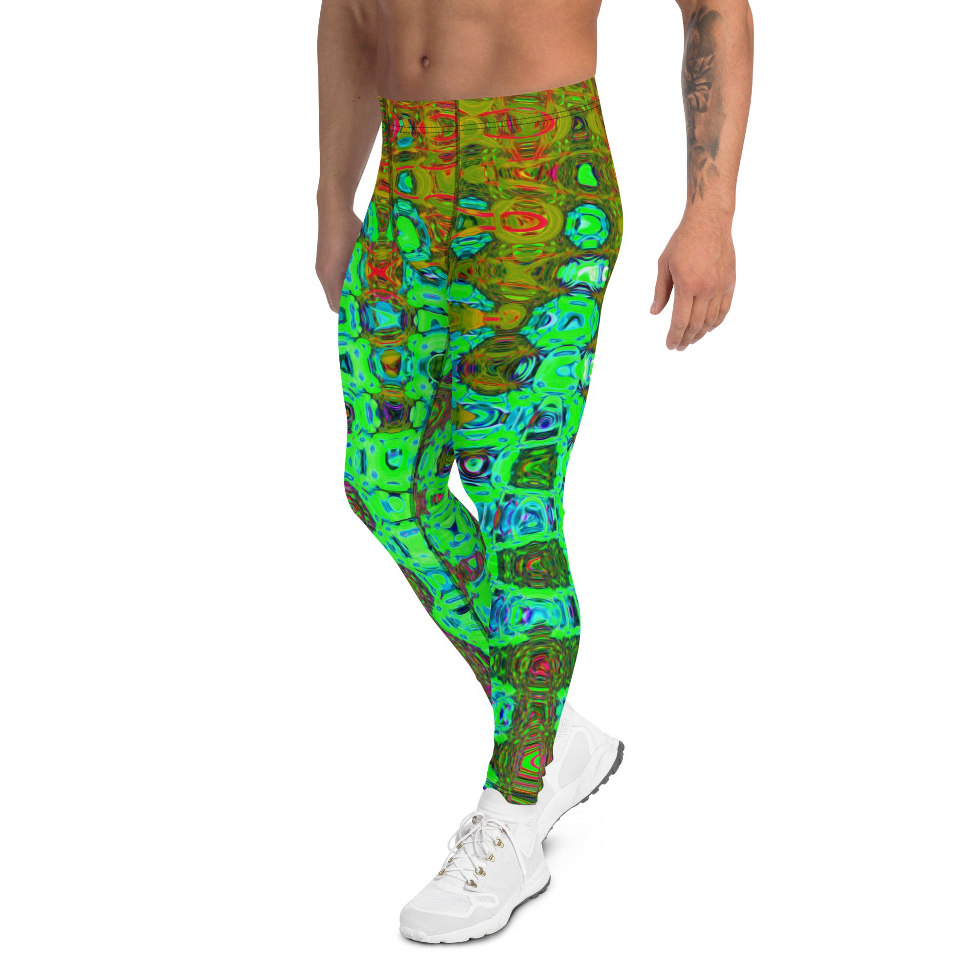 Men's Leggings | Wavy Abstract Lime Green Retro Mosaic Zigzags