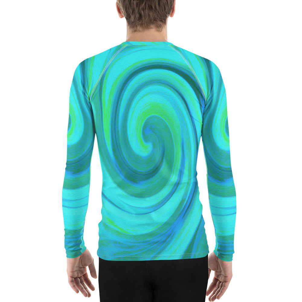 Men's Athletic Rash Guard Shirts - Groovy Cool Abstract Aqua Liquid Art Swirl