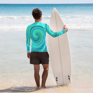 Men's Athletic Rash Guard Shirts - Groovy Cool Abstract Aqua Liquid Art Swirl