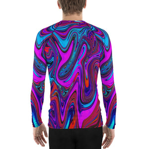 Men's Athletic Rash Guard Shirts - Marbled Magenta, Blue and Red Abstract Art