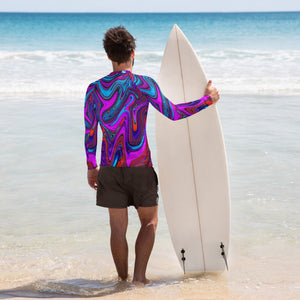 Men's Athletic Rash Guard Shirts - Marbled Magenta, Blue and Red Abstract Art