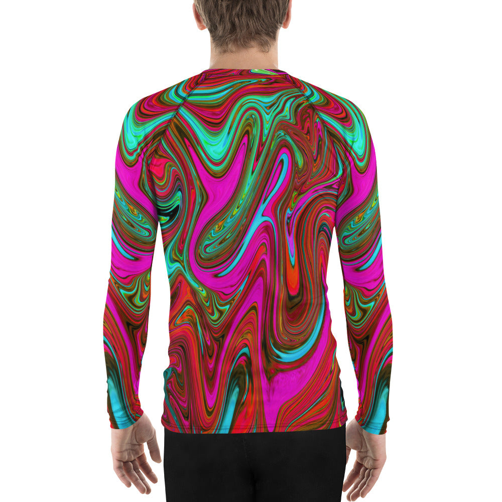 Men's Athletic Rash Guard Shirts - Retro Groovy Magenta, Red and Blue Abstract Art