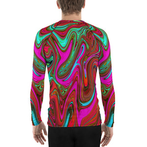 Men's Athletic Rash Guard Shirts - Retro Groovy Magenta, Red and Blue Abstract Art