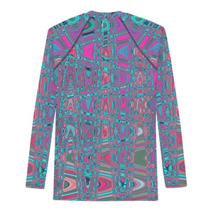 Men's Athletic Rash Guard Shirts | Cool Abstract Blue and Magenta Retro Zigzag Waves