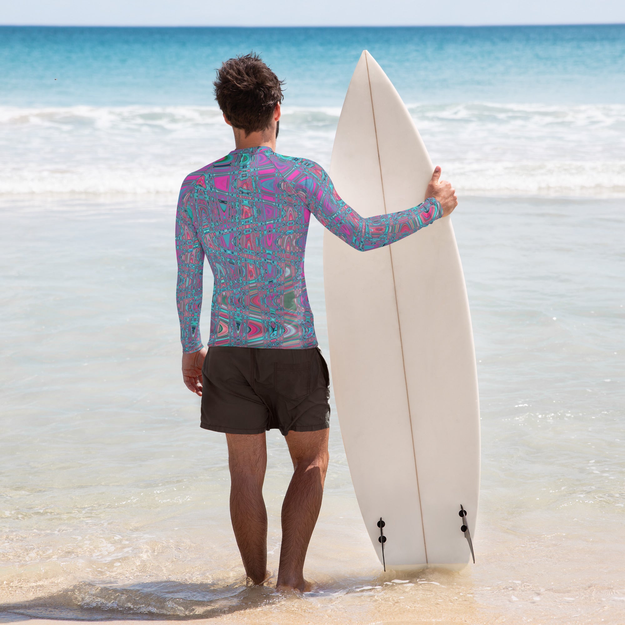 Men's Rash Guard Athletic Shirts | Cool Abstract Blue and Magenta Retro Zigzag Waves