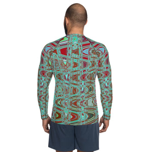 Men's Athletic Rash Guard Shirts | Cool Abstract Blue and Red Retro Zigzag Waves