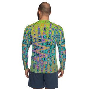 Men's Athletic Rash Guard Shirt | Wavy Abstract Blue and Yellow Retro Mosaic Zigzags