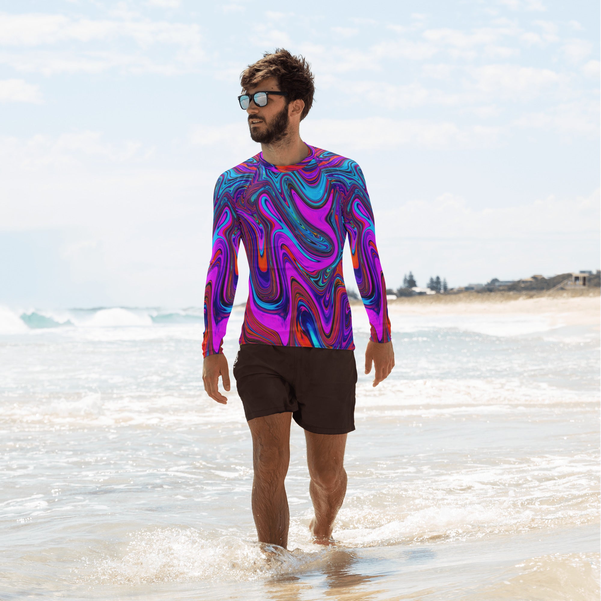 Men's Athletic Rash Guard Shirts - Marbled Magenta, Blue and Red Abstract Art