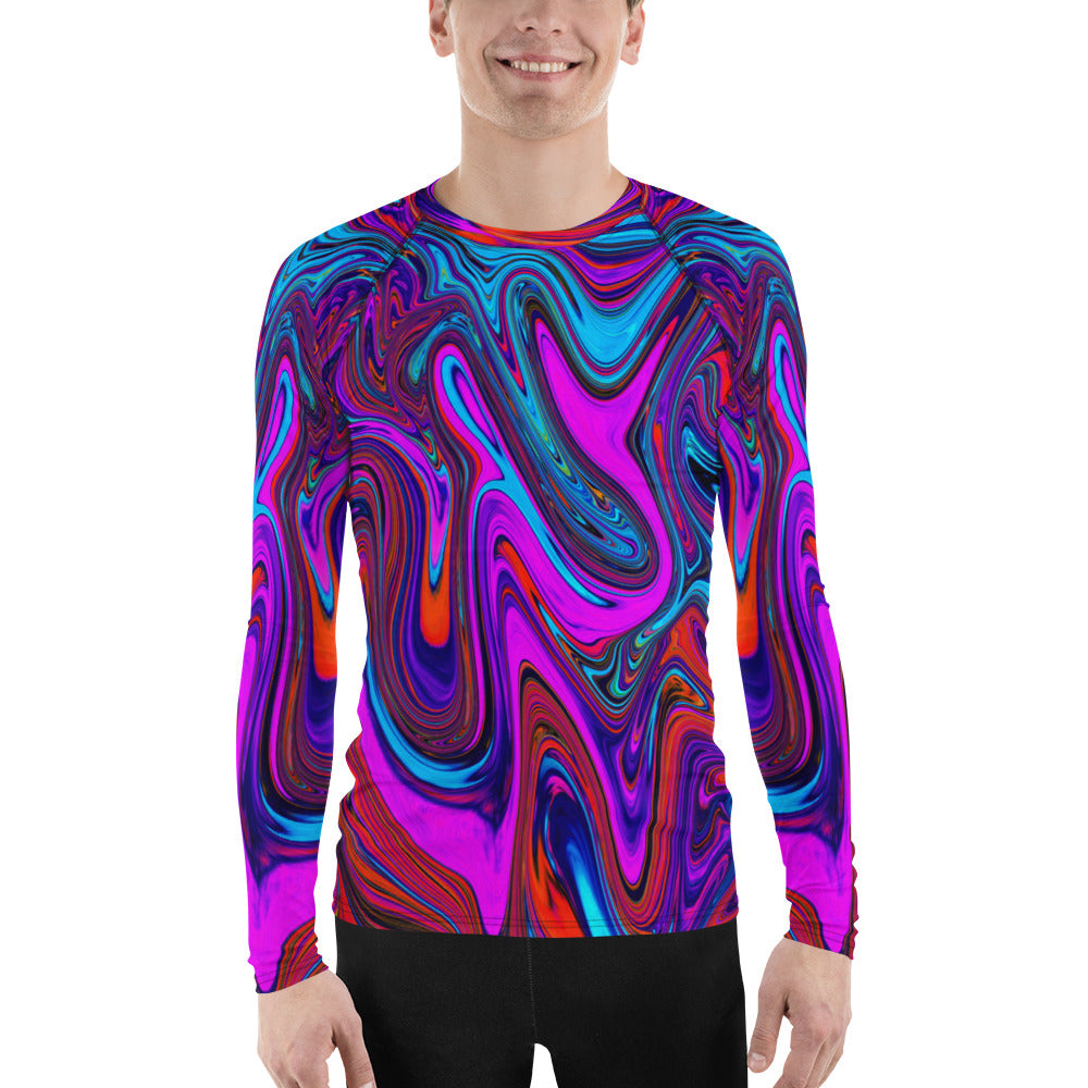 Men's Athletic Rash Guard Shirts - Marbled Magenta, Blue and Red Abstract Art