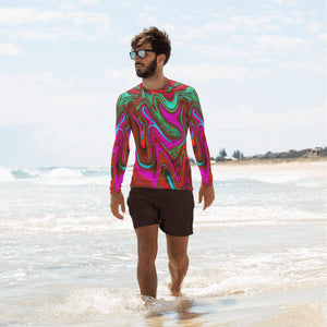 Men's Athletic Rash Guard Shirts - Retro Groovy Magenta, Red and Blue Abstract Art