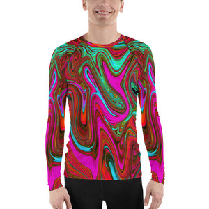 Men's Athletic Rash Guard Shirts - Retro Groovy Magenta, Red and Blue Abstract Art