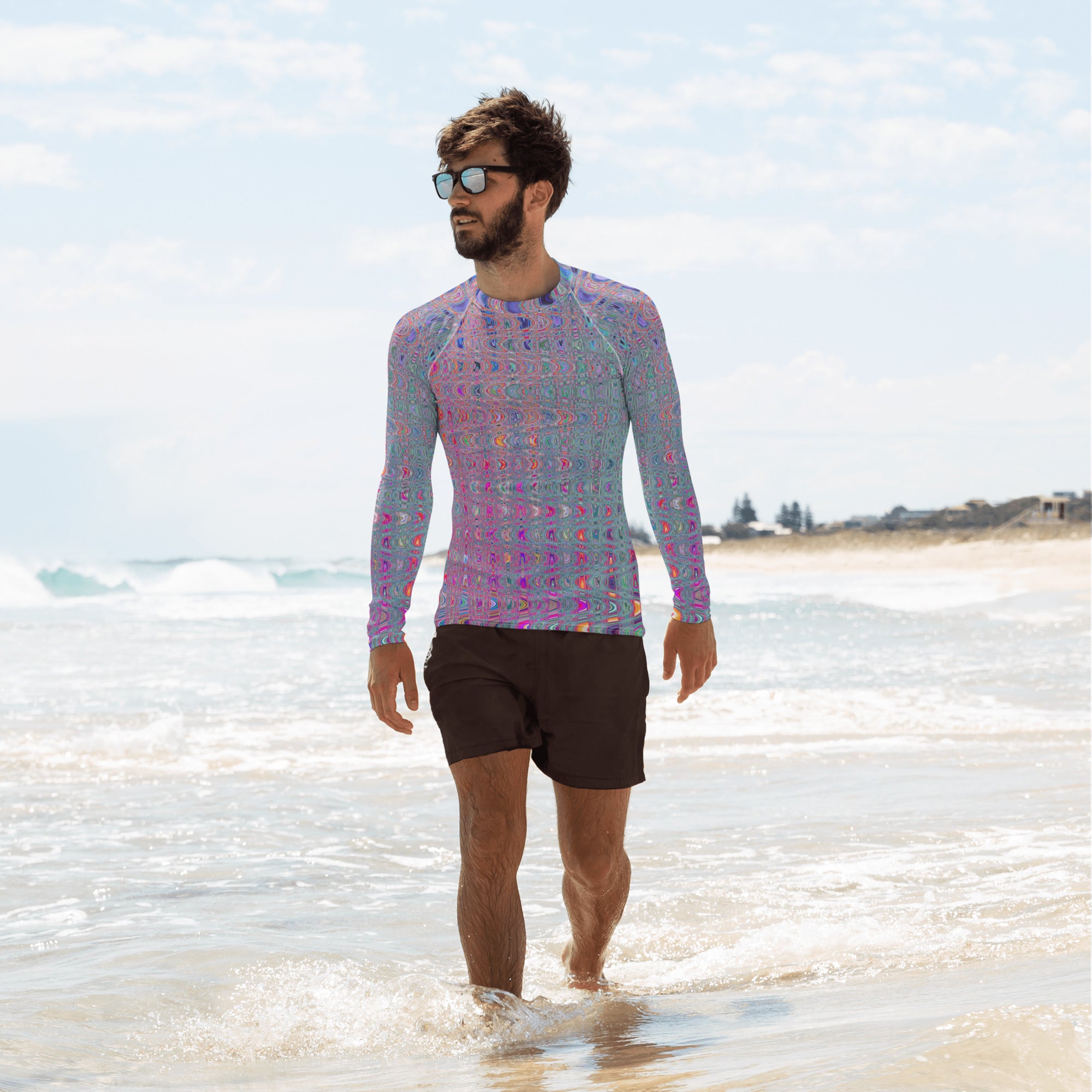 Men's Athletic Rash Guard Shirt | Abstract Kaleidoscopic Retro Boomerang Waves