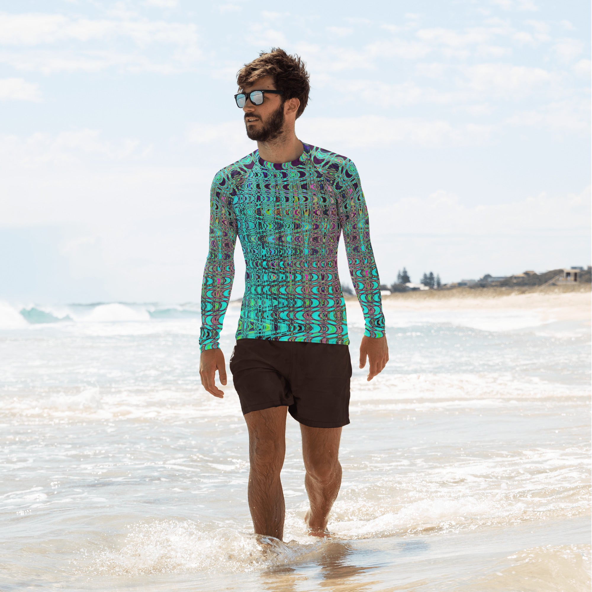 Men's Athletic Rash Guard Shirts | Abstract Kaleidoscopic Aqua Retro Boomerang Waves