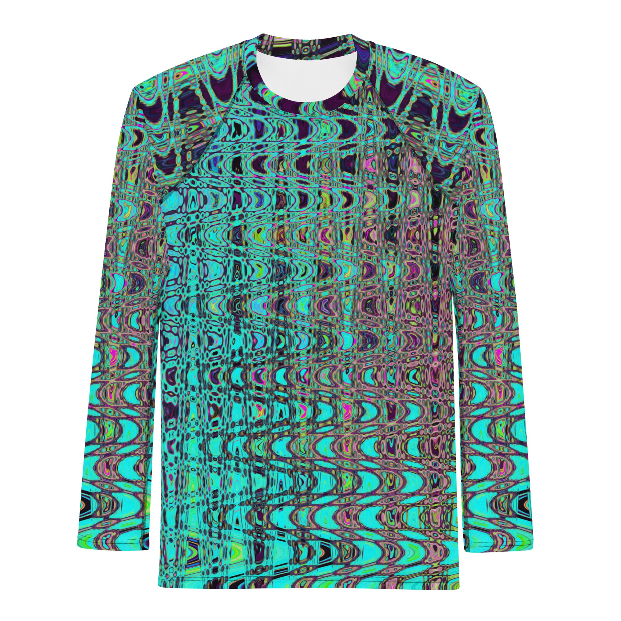 Men's Athletic Rash Guard Shirts | Abstract Kaleidoscopic Aqua Retro Boomerang Waves