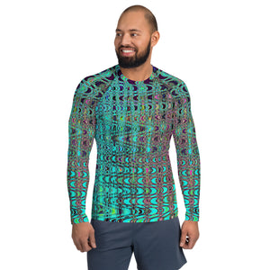 Men's Athletic Rash Guard Shirts | Abstract Kaleidoscopic Aqua Retro Boomerang Waves