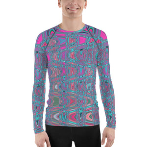 Men's Athletic Rash Guard Shirts | Cool Abstract Blue and Magenta Retro Zigzag Waves