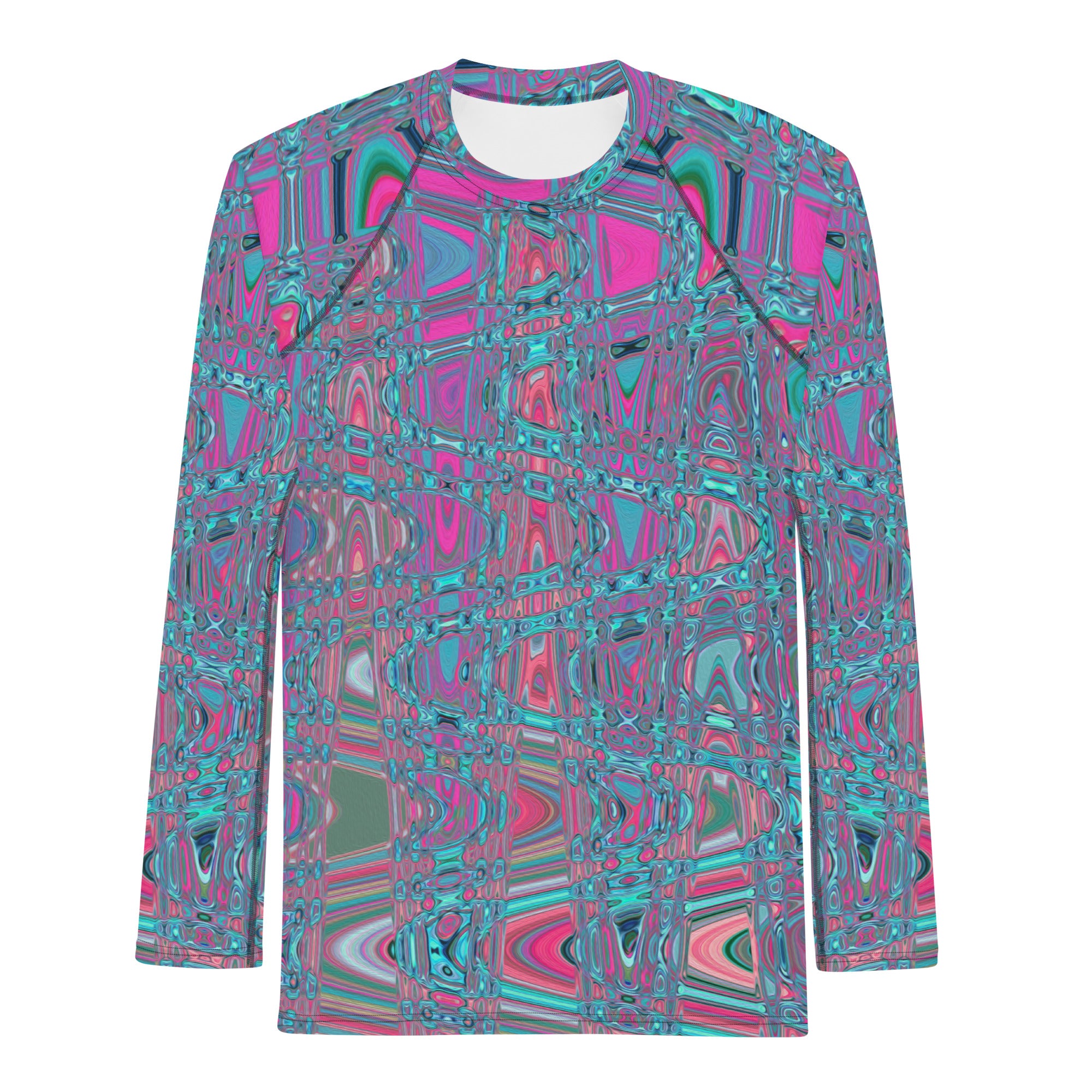 Men's Athletic Rash Guard Shirts | Cool Abstract Blue and Magenta Retro Zigzag Waves