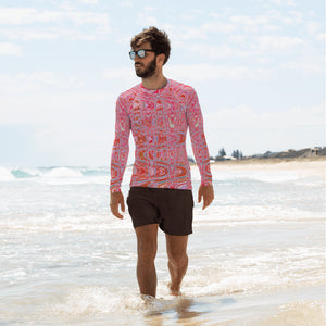 Men's Athletic Rash Guard Shirts | Cool Abstract Red and Pink Retro Zigzag Waves