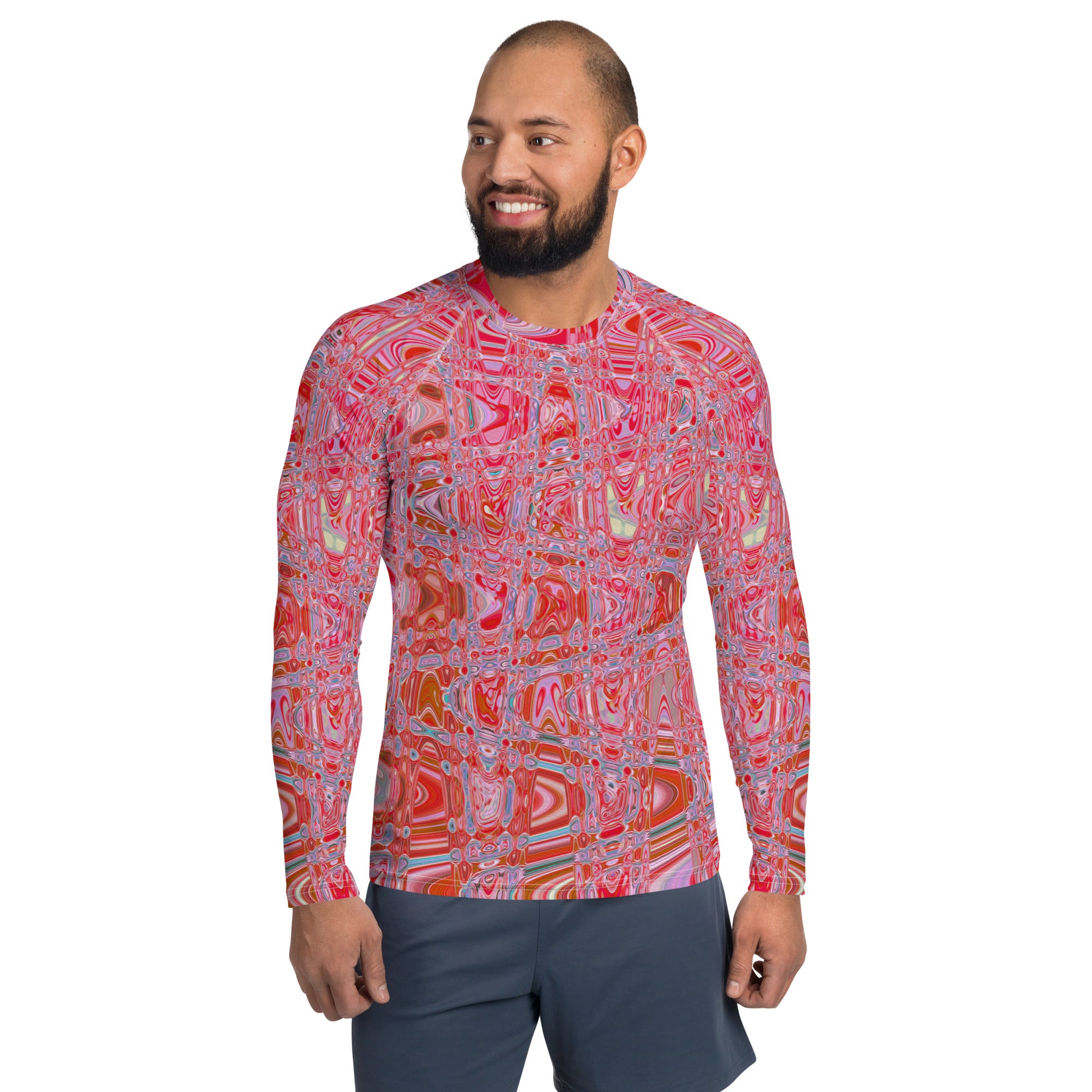 Men's Athletic Rash Guard Shirts | Cool Abstract Red and Pink Retro Zigzag Waves