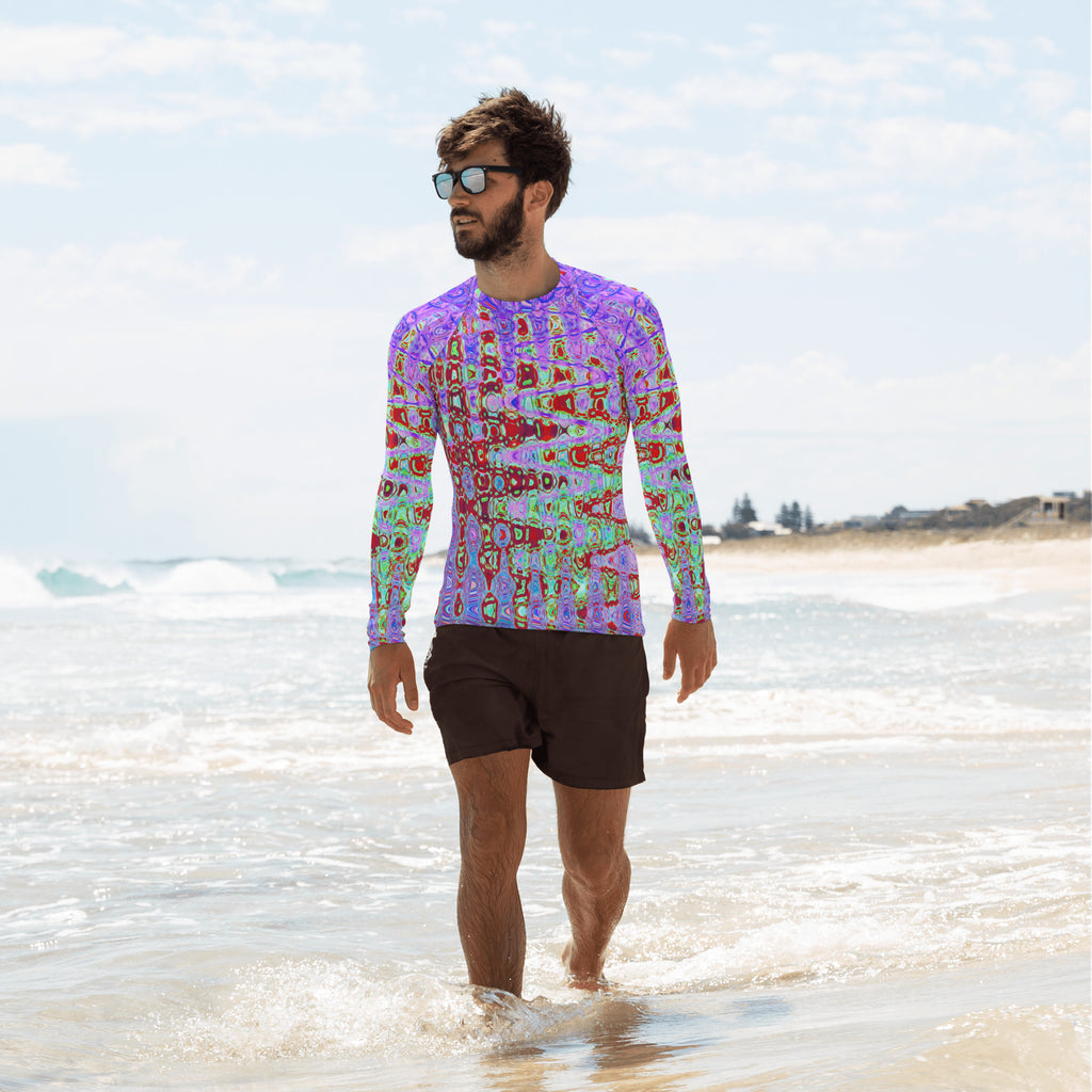Men's Athletic Rash Guard Shirts | Wavy Abstract Red and Purple Retro Mosaic Zigzags